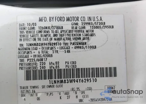 2004 Lincoln Town Car Ultimate z USA, uszkodzony, nr VIN 1LNHM83W94Y629510